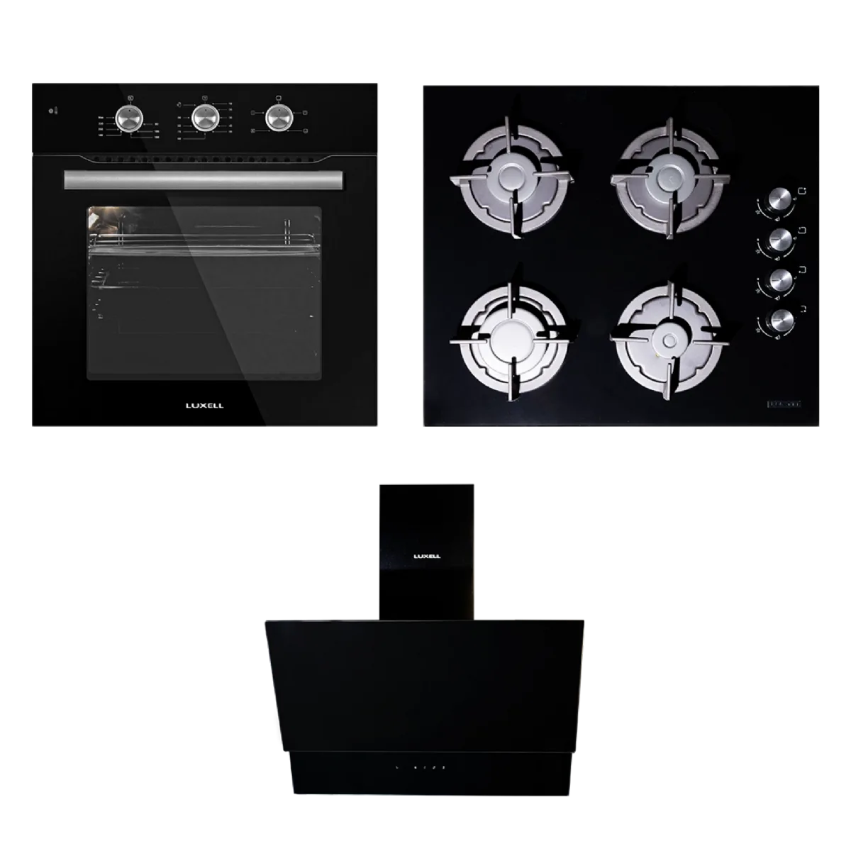 Luxell 60CM 3Set: 4B Hob,Extractor,56LManual Oven