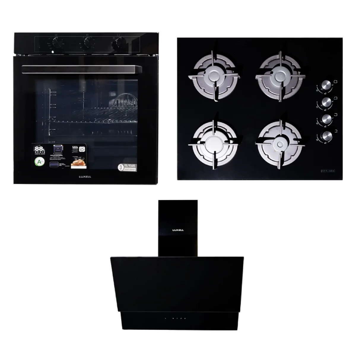 Luxell 60CM Set: 4B,Hob, Extractor,88L Manual Oven