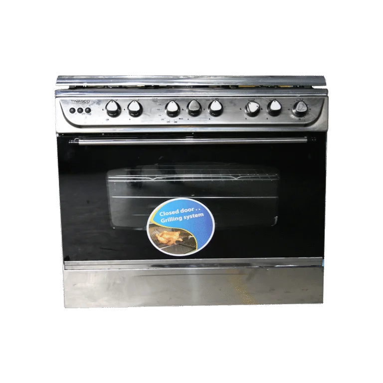 The Nasco 5 Burner Gas Cooker With Oven [C6090SS-FC-511] is an ideal kitchen companion for those seeking power, style, and versatility. Its spacious 90 x 60 cm design, five burners, elegant silver finish, and built-in grill function make it perfect for creating a wide range of delicious meals